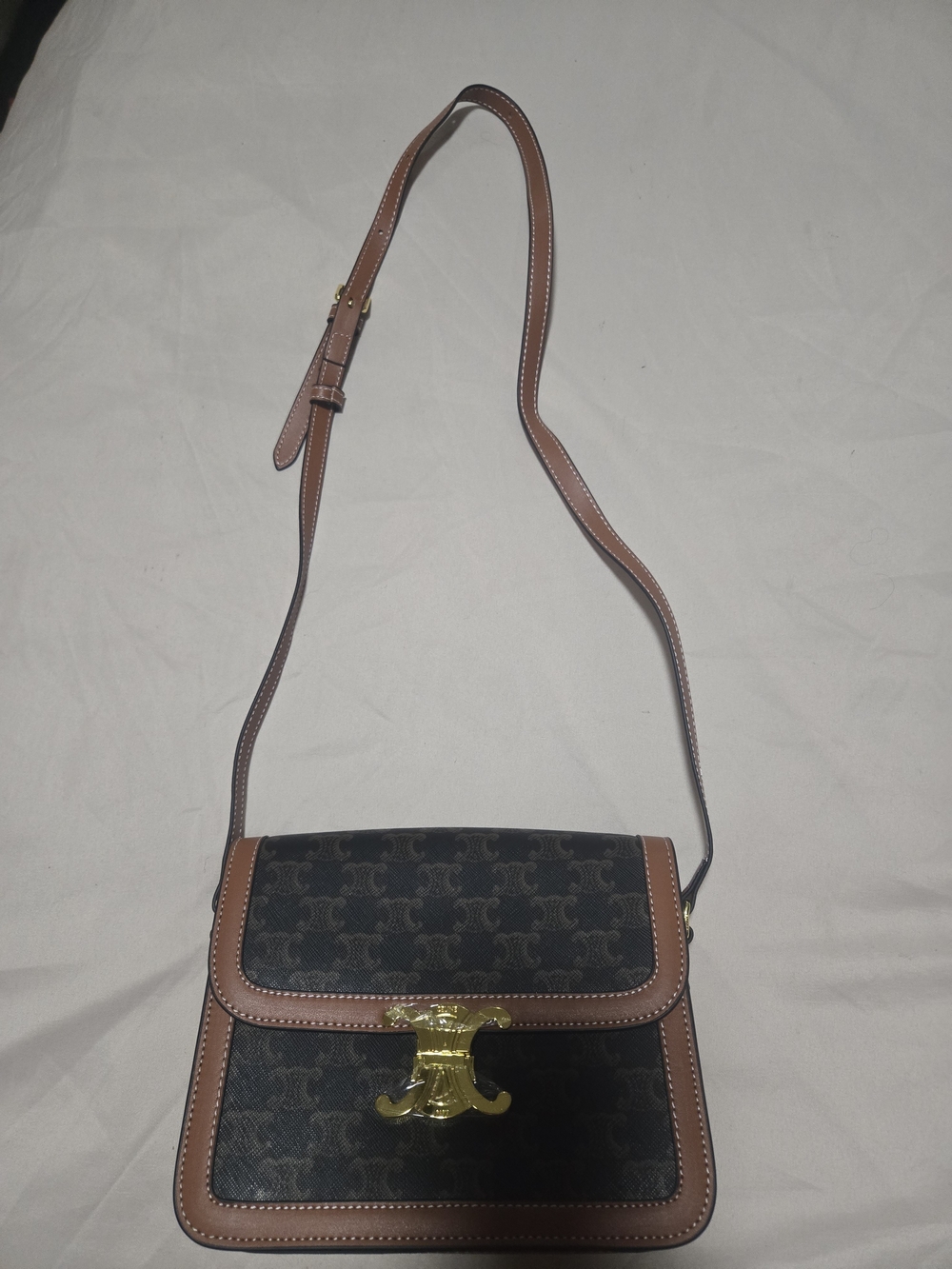 Brown Trim Black Monogram Crossbody Bag with Gold Clasp